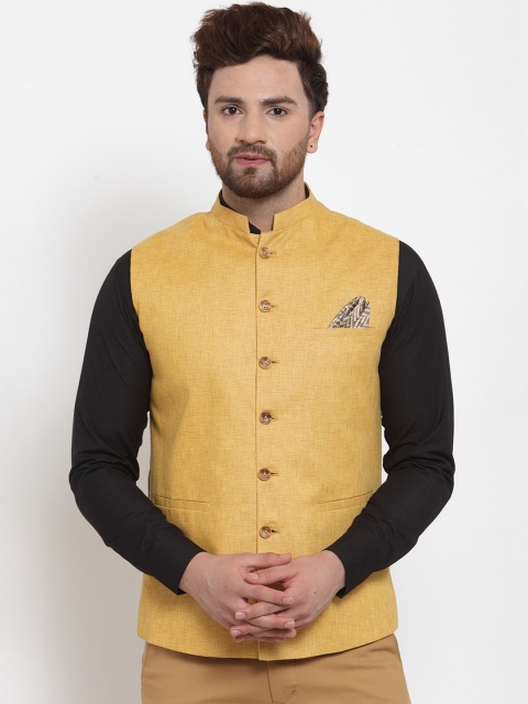 

MAXENCE Men Mustard Yellow Solid Jute Blend Nehru Jacket