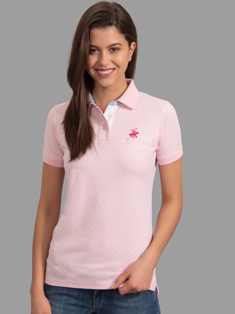 

Beverly Hills Polo Club Women Powder Pink & White Floral Print Polo Collar T-shirt