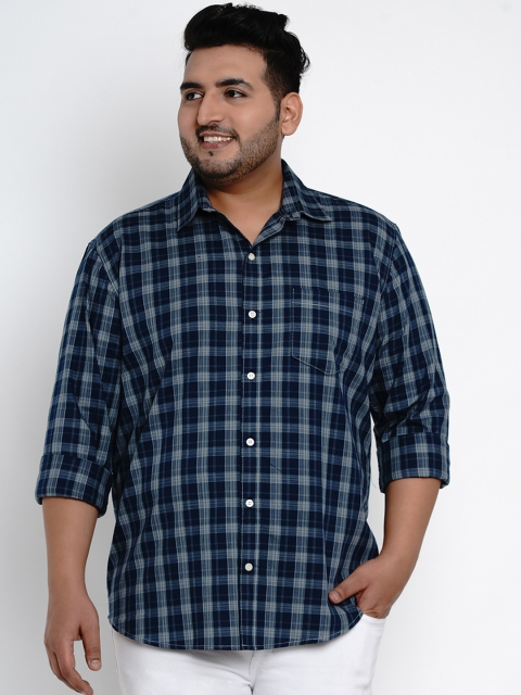 John Pride Men Navy Blue Comfort Regular Fit Checked Casual Shirt