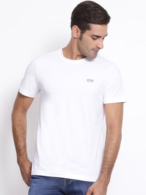 

SWISS MILITARY Men White Solid Round Neck Pure Cotton T-shirt