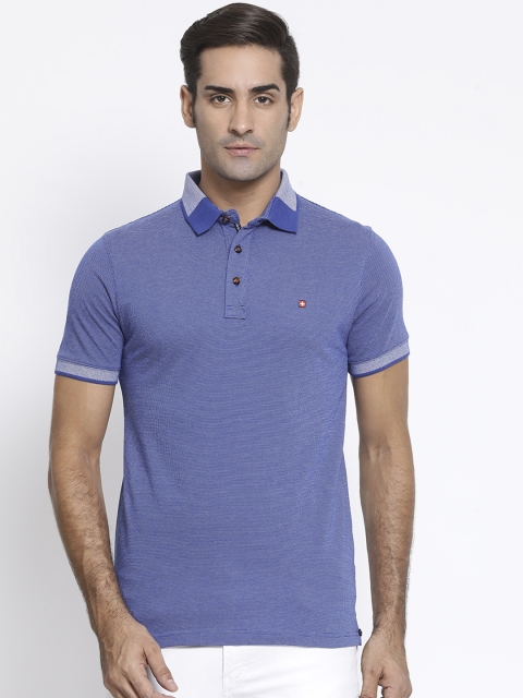 

SWISS MILITARY Men Blue & White Self Design Polo Collar Slim Fit T-shirt