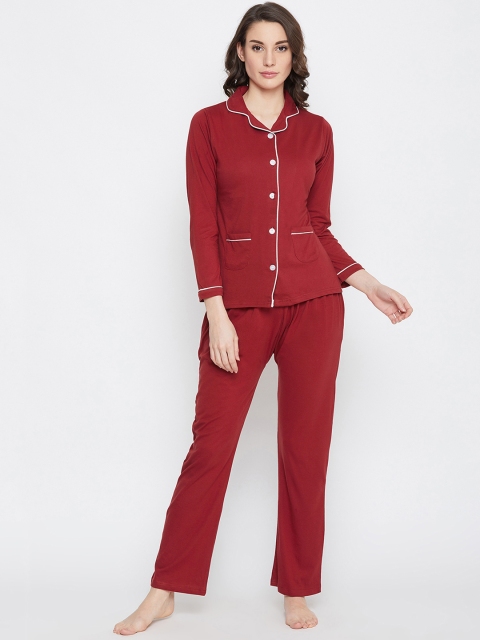 

Clovia Women Maroon Solid Night Suit LS0495P093