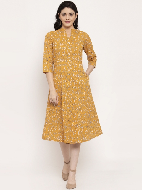 

Ayaany Women Mustard Yellow & White Floral Print A-Line Dress