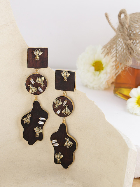 

NITAARA Brown & Gold-Toned Handcrafted Geometric Drop Earrings