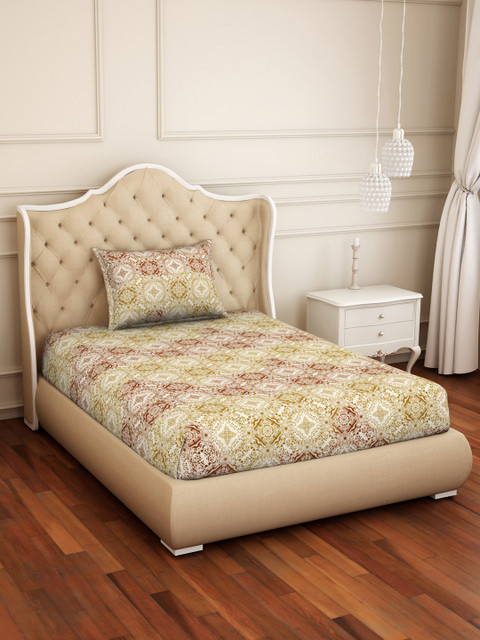 

CORE Designed by SPACES White & Beige Ethnic Motifs 104 TC Cotton 1 Single Bedsheet with 1 Pillow Covers
