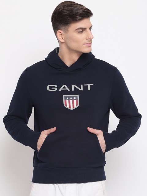 

GANT Men Navy Blue & Grey Printed Hooded Sweatshirt