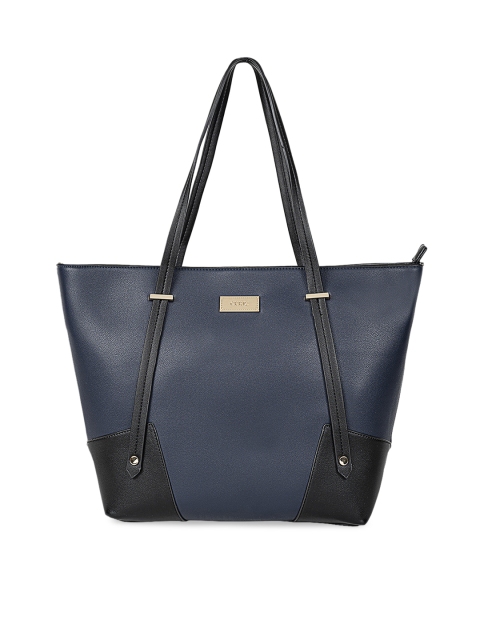 

CERIZ Women Navy Blue & Black Colourblocked Tote Bag