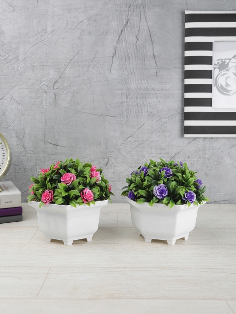 

FOLIYAJ Set Of 2 Green & Pink Artificial Plant With Leaves Roses & White Pots