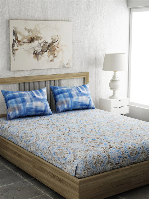 

EverHOME Blue Floral 144 TC Cotton 1 Queen Bedsheet with 2 Pillow Covers