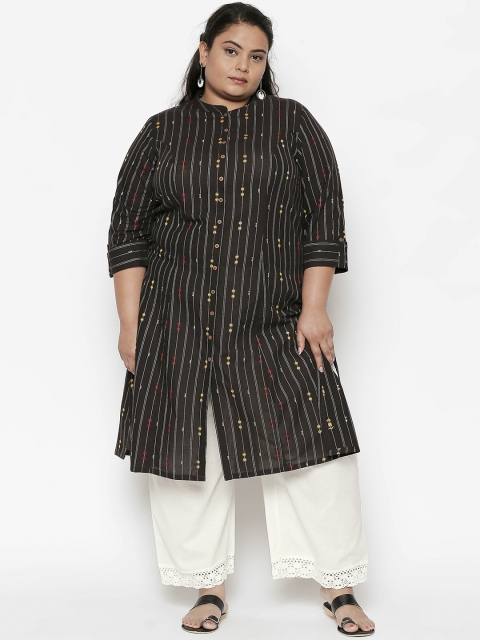 

RANGMANCH PLUS by Pantaloons Women Black Striped A-Line Kurta