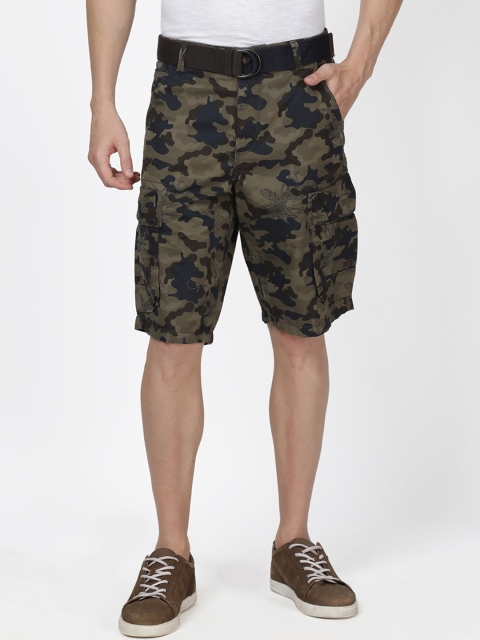 

t-base Men Olive Green Camouflage Printed Regular Fit Cargo Shorts