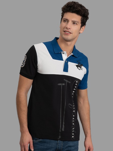 

Beverly Hills Polo Club Men Black & White Colourblocked Polo Collar T-shirt