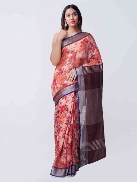 

Unnati Silks Peach-Coloured & Red Pure Linen Printed Saree
