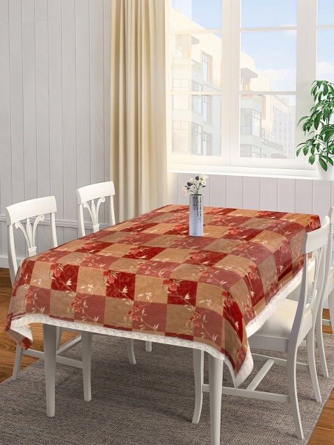 Clasiko Maroon & Brown Checked Rectangular Anti-Slip PVC 6 Seater Table Cover