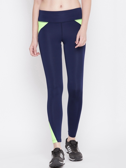 

PERFKT-U Women Navy Blue & Lime Green Colorblocked Sports Tights