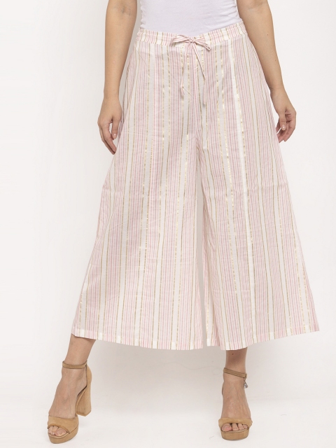 

Ayaany Women Cream-Coloured & Pink Striped Wide Leg Crop Palazzos