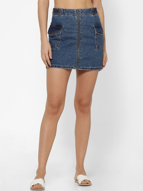 

FOREVER 21 Women Blue Solid Denim Straight Mini Pure Cotton Skirt