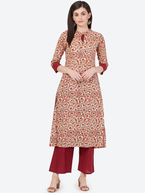 

Meeranshi Women Maroon & Beige Printed Kurta with Trousers