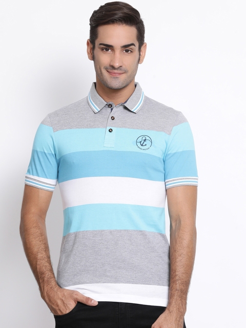 

SWISS MILITARY Men Blue Grey Striped Polo Collar Pure Cotton T-shirt