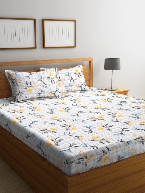 

BOMBAY DYEING White & Yellow Floral 160 TC Cotton 1 King Bedsheet with 2 Pillow Covers