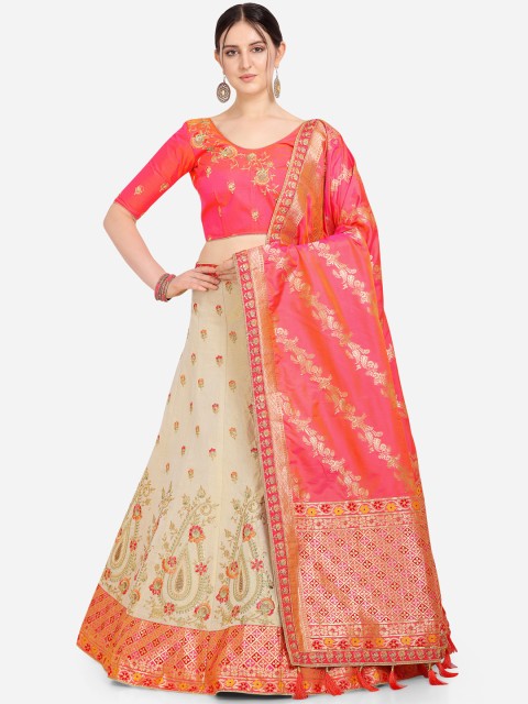 

Stylee LIFESTYLE Beige & Pink Embroidered Semi-Stitched Lehenga & Blouse with Dupatta