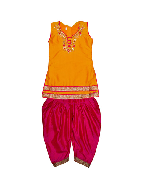 

Wish Karo Girls Mustard Yellow & Pink Embroidered Kurta with Patiala