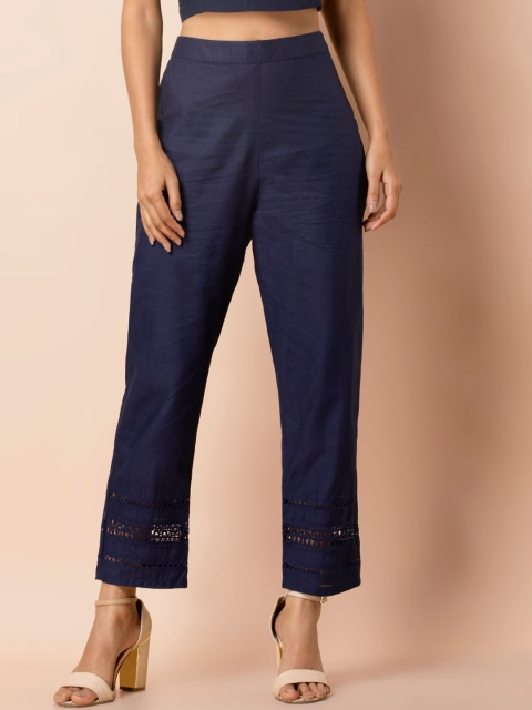 INDYA Women Blue Straight Fit Embellished Cigarette Trousers