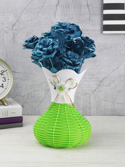 

FOLIYAJ Blue Spray Painted Artificial Rose Plant With Vase
