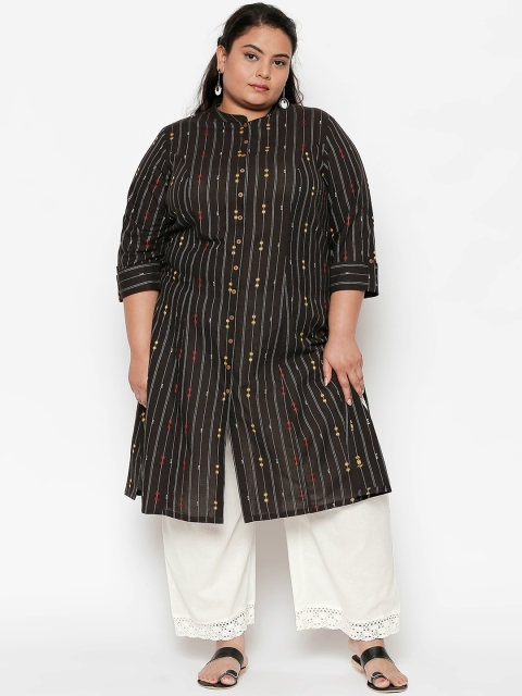 

RANGMANCH PLUS by Pantaloons Women Black Striped A-Line Kurta