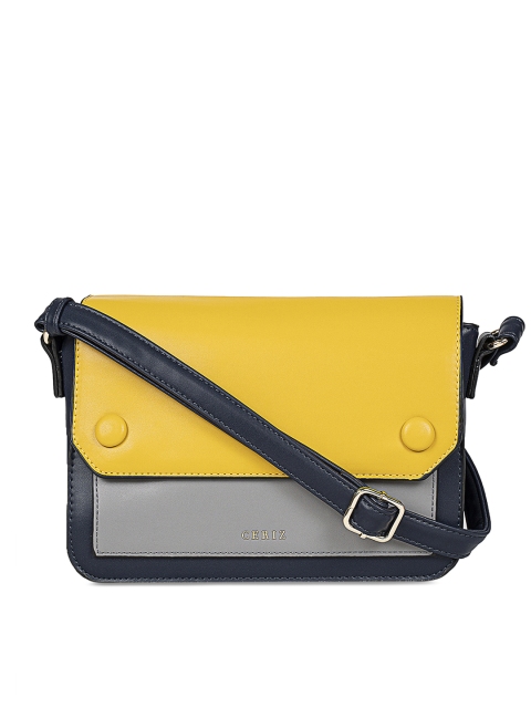 

CERIZ Navy Blue & Yellow Colourblocked Sling Bag