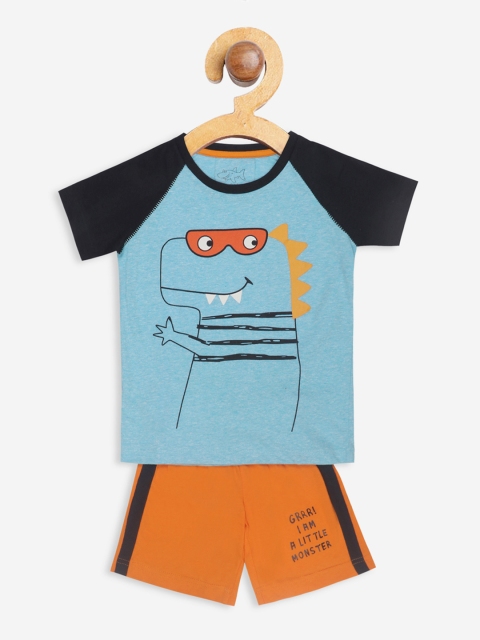 

Lazy Shark Boys Blue & Orange Printed T-shirt with Shorts