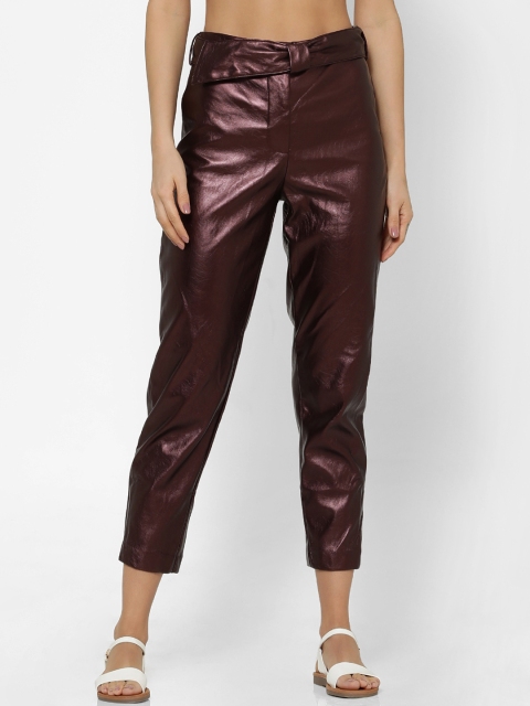 

FOREVER 21 Women Burgundy Regular Fit Solid Cigarette Trousers