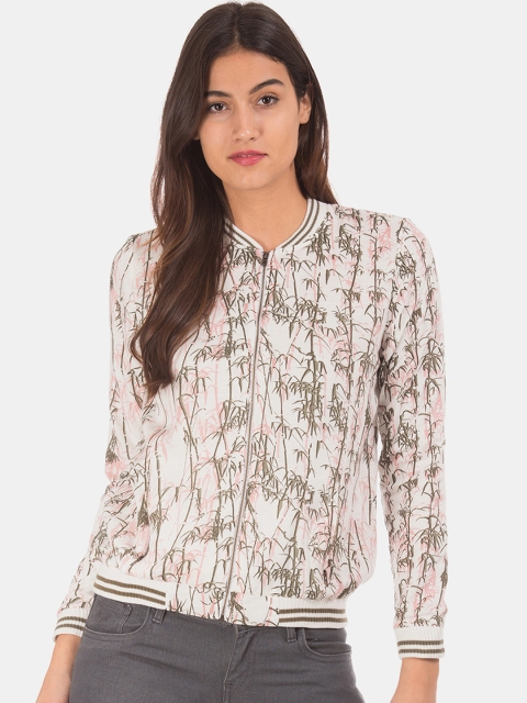 

Cherokee Women White & Green Printed Bomber Jacket