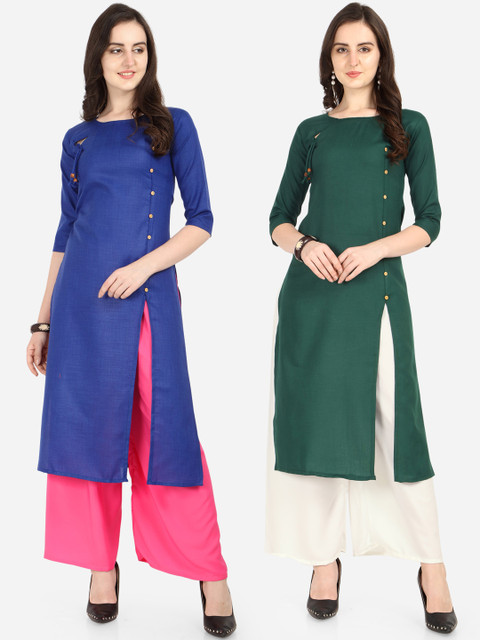 

Silk Bazar Women Blue & Green Solid A-Line Kurta