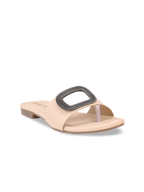

SALARIO Women Cream-Coloured Solid PU Open Toe Flats