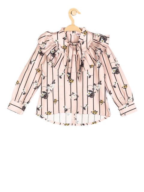 

Peppermint Girls Peach-Coloured & Black Striped Floral Printed High-Low Top