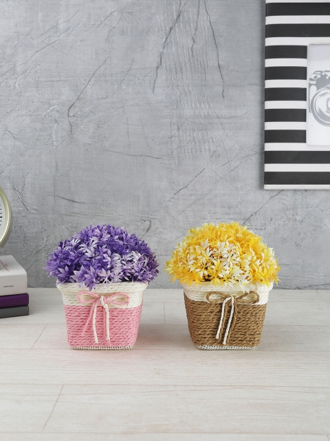 

FOLIYAJ Set Of 2 Purple & Yellow Artificial Plants With Leaves In Square Pots