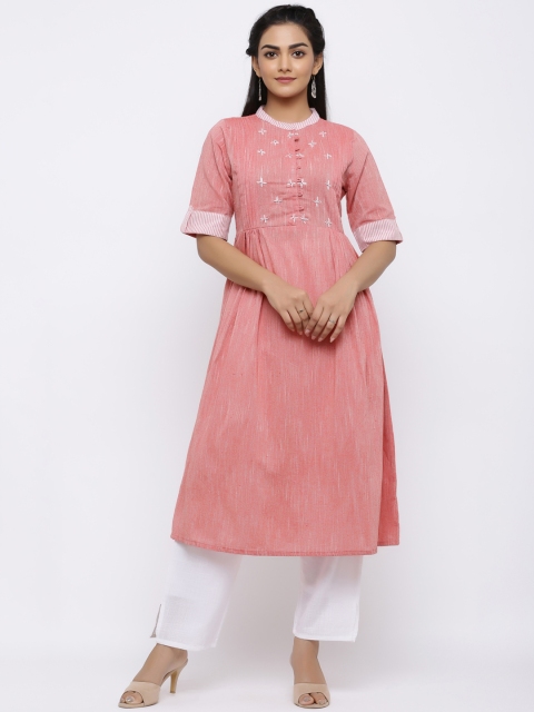 Indi INSIDE Women Pink & White Embroidered Kurta with Palazzos