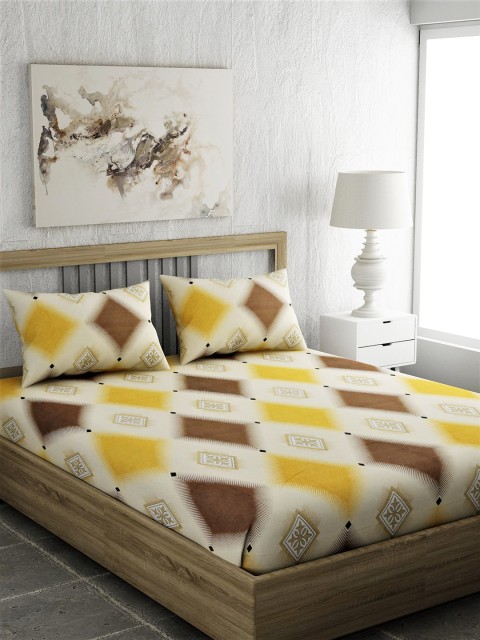 

EverHOME White & Yellow Geometric 210 TC Cotton 1 Queen Bedsheet with 2 Pillow Covers