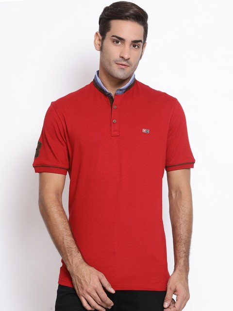 

SWISS MILITARY Men Red Solid Mandarin Collar Slim Fit Pure Cotton T-shirt