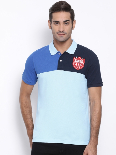 

SWISS MILITARY Men Blue & Navy Blue Colourblocked Polo Collar T-shirt