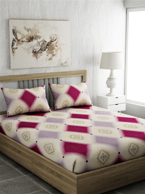 

EverHOME Beige & Red Geometric 210 TC Cotton 1 Queen Bedsheet with 2 Pillow Covers