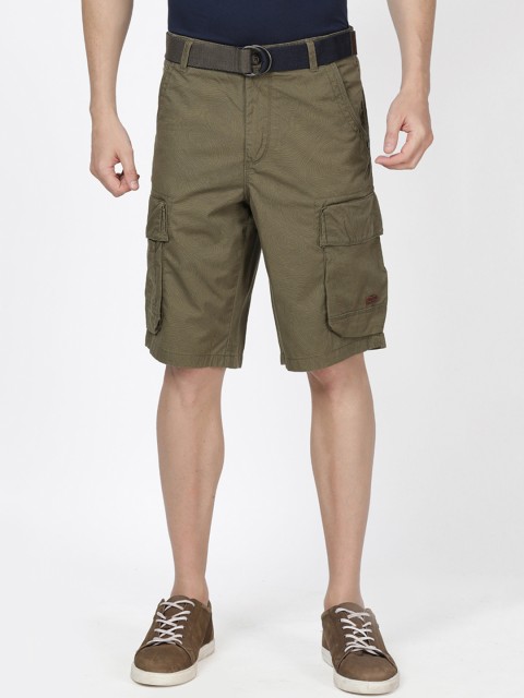 

t-base Men Olive Green Solid Regular Fit Cargo Shorts