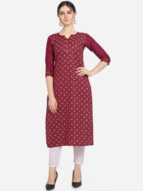 

Kvsfab Women Maroon Printed Straight Kurta