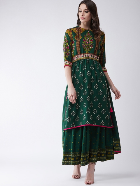 

Pannkh Women Green Printed Straight High-Low Kurta
