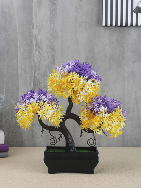 

FOLIYAJ Green & Purple Artificial S Shaped Bonsai Tree With Leaves & Black Pot