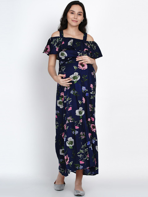 

Mine4Nine Women Navy Blue & Green Floral Printed Maternity Maxi Dress
