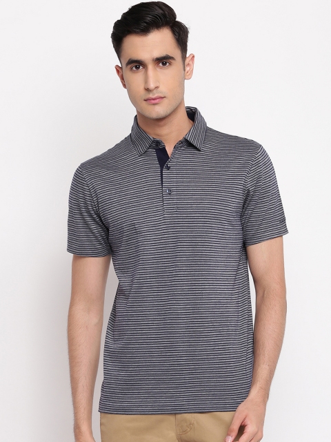 

GANT Men Navy Blue & Grey Striped Polo Collar T-shirt