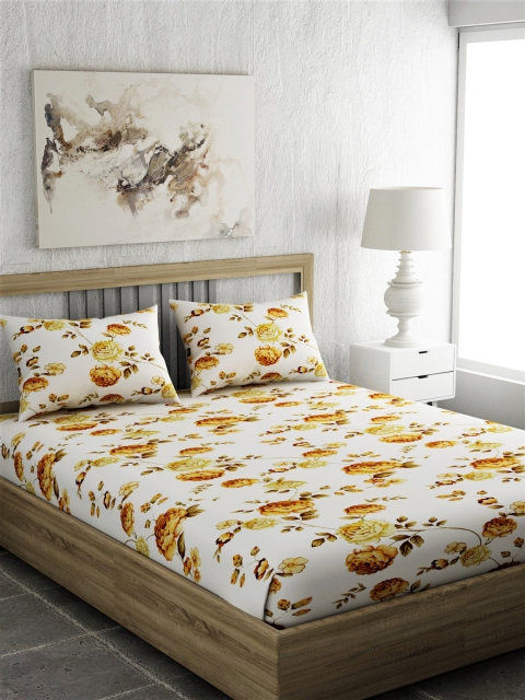 

EverHOME Cream-Coloured & Orange Floral 210 TC Cotton 1 King Bedsheet with 2 Pillow Covers