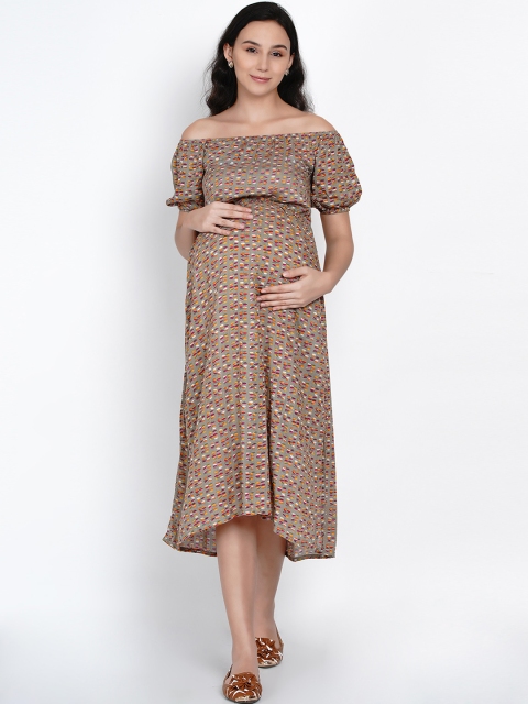 

Mine4Nine Women Olive Green & Pink Printed Maternity A-Line Dress